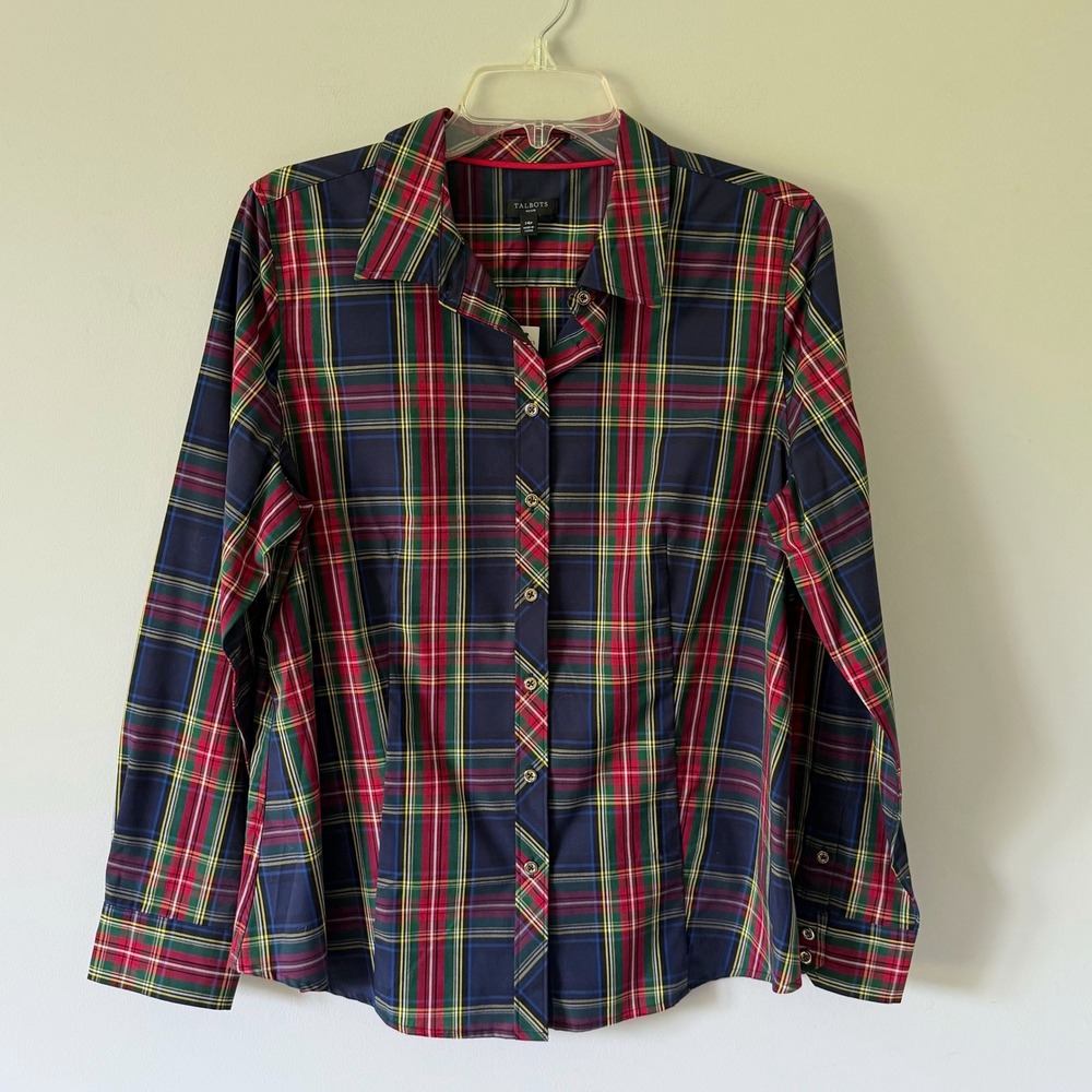Talbots Petite Plaid Button Down Shirt Navy Red Green 14P NEW Classic Heritage